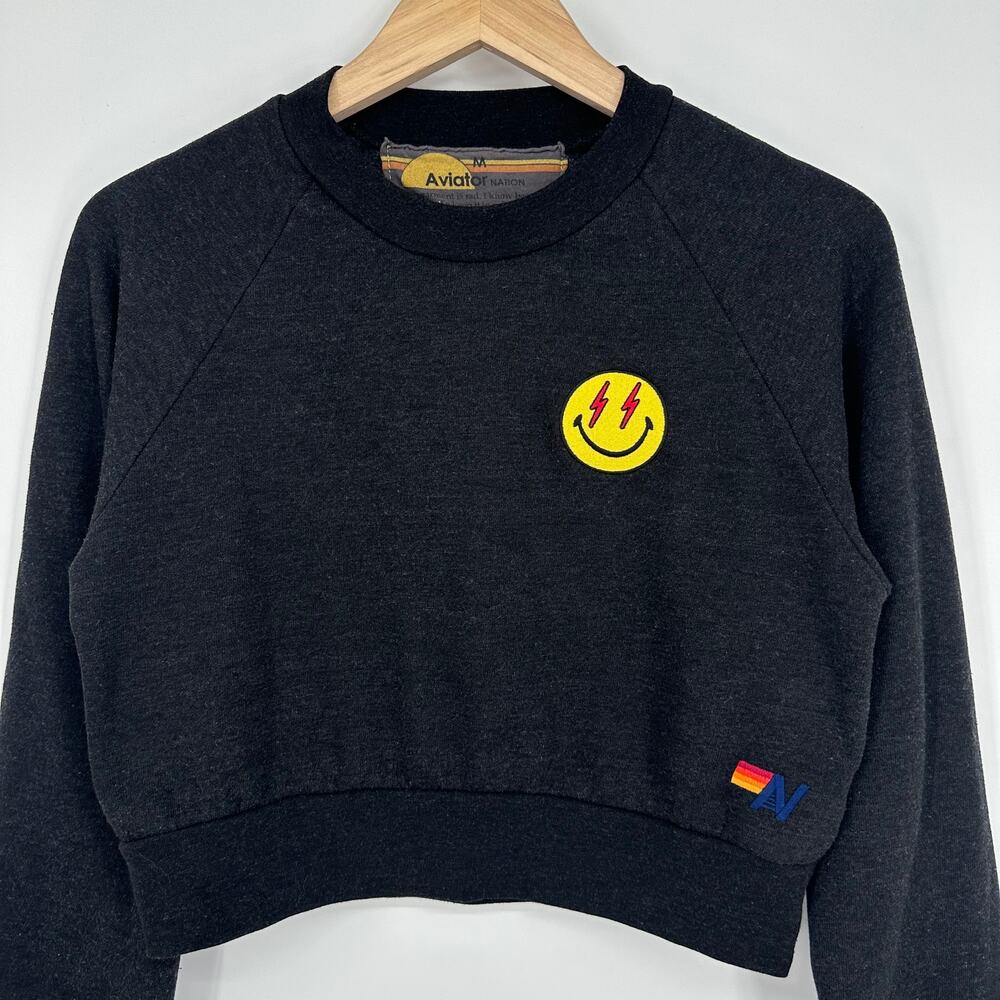Aviator Nation Smiley Face Patch Cropped Sweatshirt Lightning Bolt Logo Pullover - Picture 4 of 11